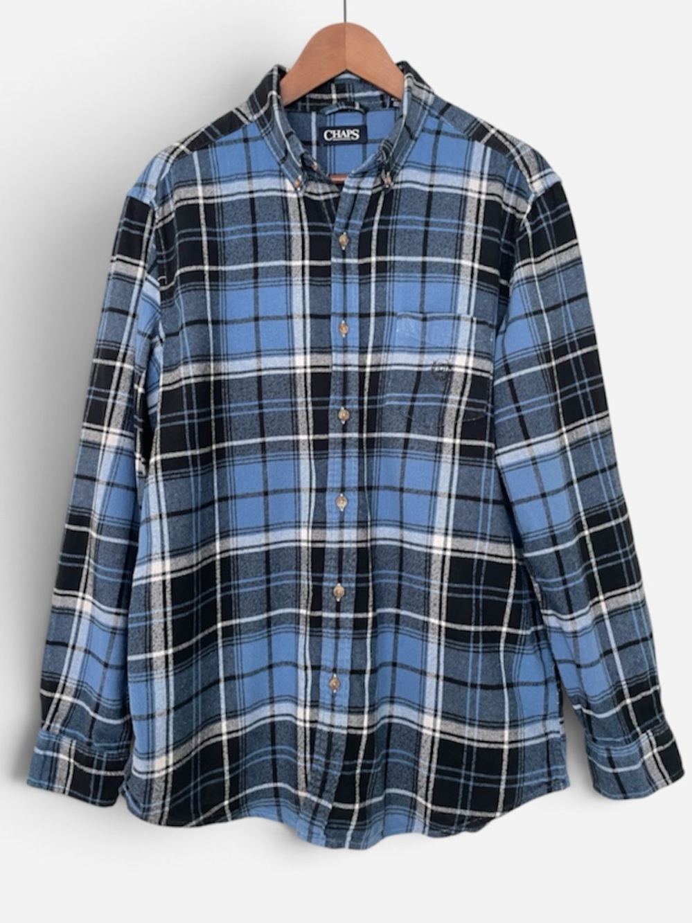 Chaps Blue Black Plaid Button-Down Shirt Size Large Flannel 100% Cotton